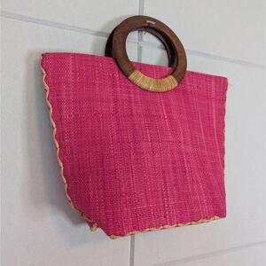 Natural handmade raffia woven mini occasion bag w/ wooden handles
